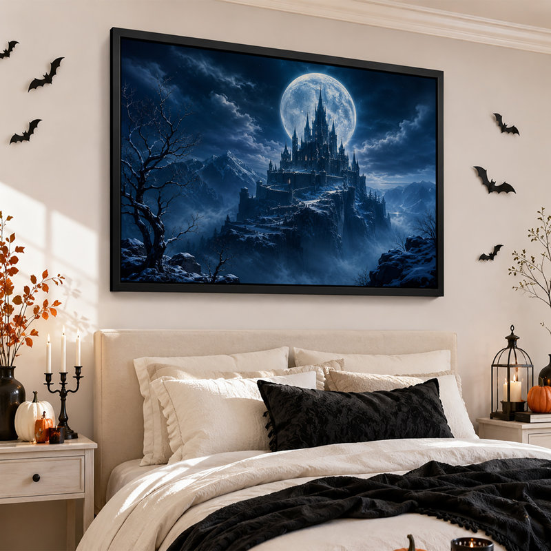" Gothic Castle On Snowy Cliff Under Giant Full Halloween " Painting Print, H 12 po x l 18 po