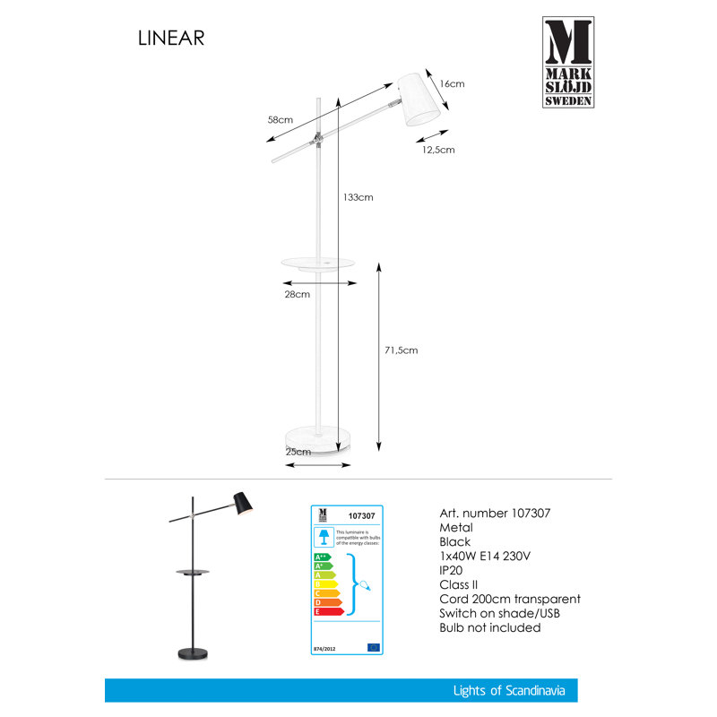 Evered 144cm Tray Table Floor Lamp with USB, Black