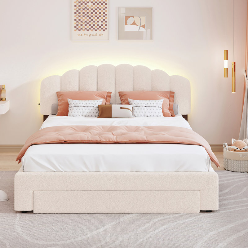 Teddy Queen Size Upholstered Platform Bed With Drawer, Beige