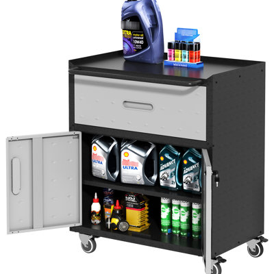 Armoire de rangement roulante en métal - H 34,11 po x l 28,94 po x P 16,17 po, 1 tiroir, 2 portes verrouillables, tiroir noir et gris avec roues P 16,17 po H 34,11 po, gris verrouillable, robuste
