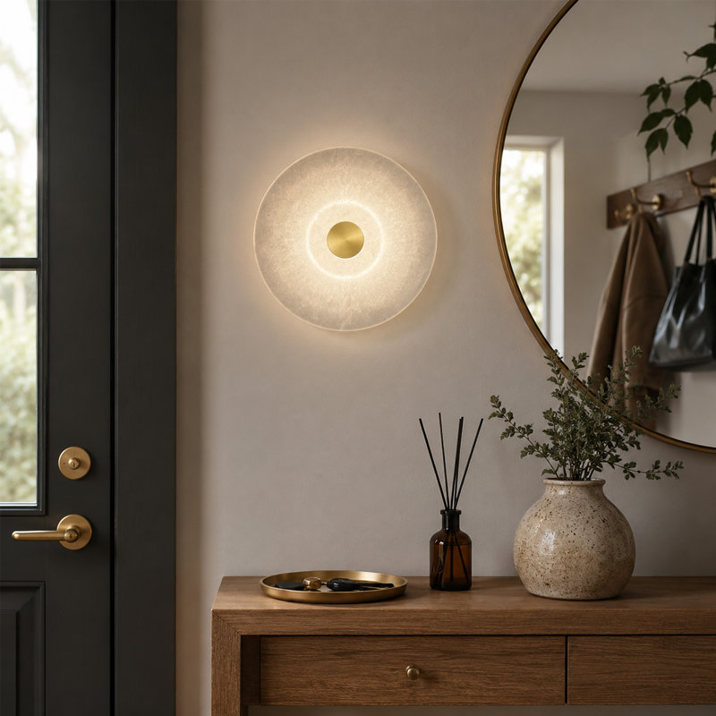 10" Natural Stone Round Wall Sconce with Metal Back Plate – Hardwired Wall Light, LED Bulb Included