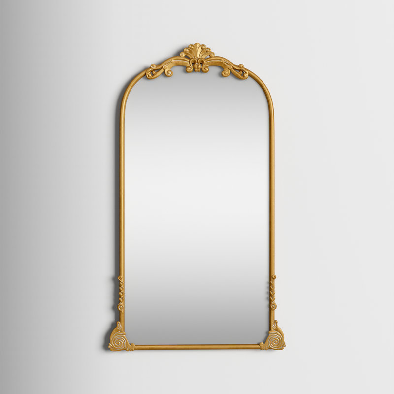 Audranna Gold Metal Scroll Tall Ornate Arched Baroque Room Floor Mirror, 28" x 1" x 48", 72" x 42", Arch/Crowned top