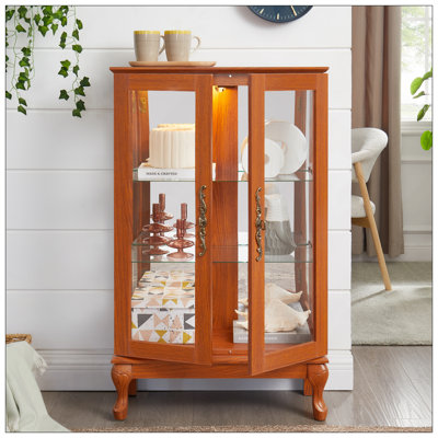 2 Doors Curio Cabinet With Tempered Glass Doors, Curio Cabinets With Mirrored Back Panel And Adjustable Shelves, Lighted Display Cabinet For Home, Office Light Bulb Included DARK OAK