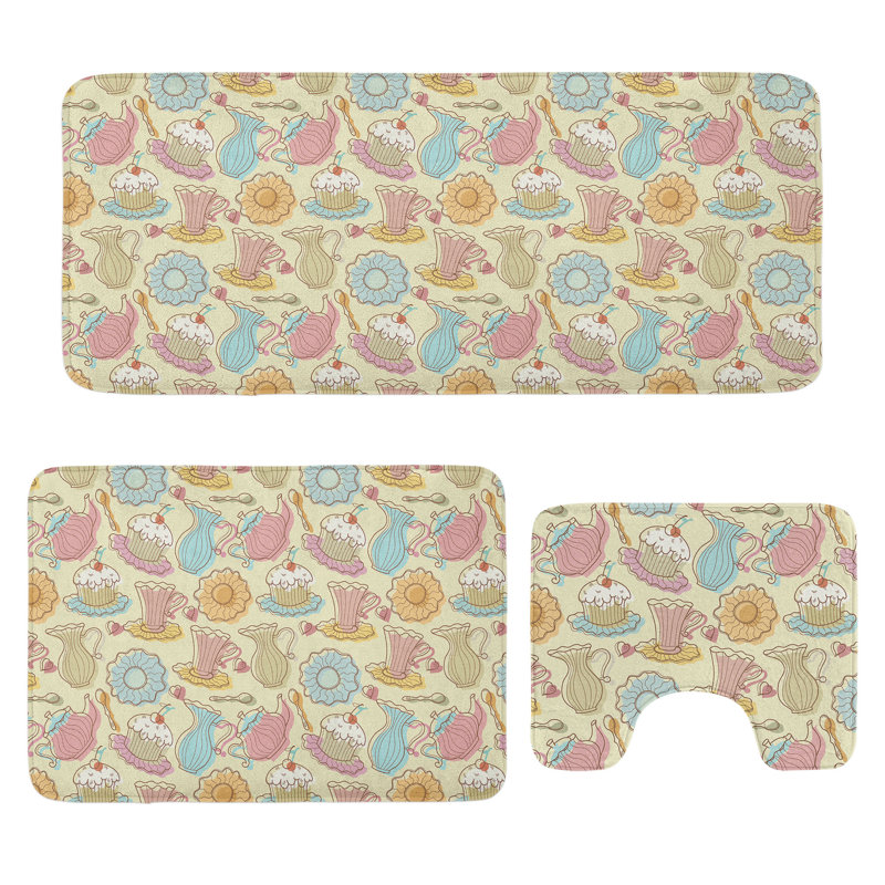  Multicolore ensemble de tapis de salle de bain 3 pièces Tea Party