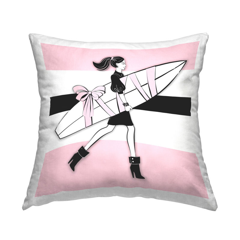 Design de coussin décoratif imprimé fille glamour avec planche de surf par Martina Pavlova