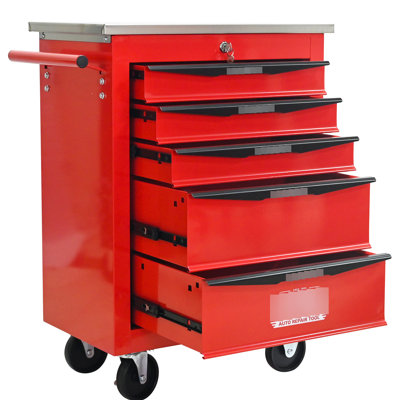 Red & Black, 5 Drawers, Tool Cart, Stainless Steel Roof, Lockable, Universal Wheels, 15Kg Loading Capacity - Bearing Slide, Warehouse Storage Repair 6 Black And Blue, , Removable, Mobile, Steering