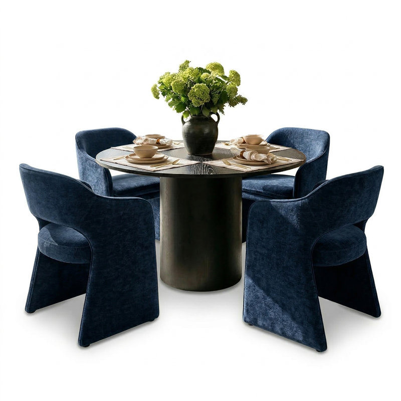 4 - Person Dining Table Sets With Round Table & 4 Upholstered Chenille Chairs, Blue, Black