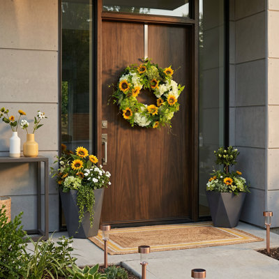 26" Assorted Hydrangeas And Sunflowers Arranged On A Wreath