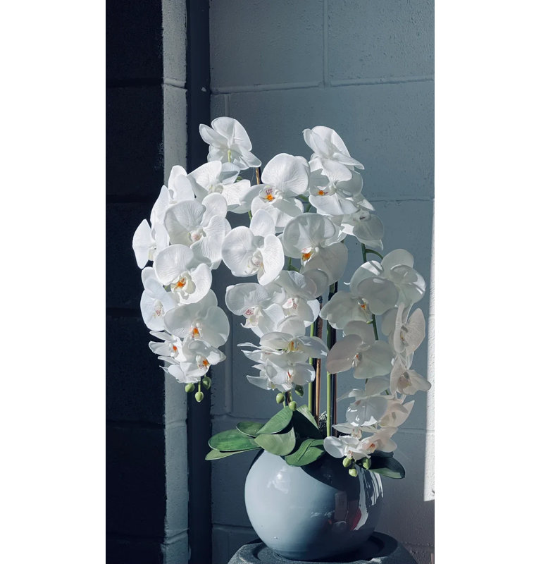 Faux White Orchids In Gloss Bowl, Grey 