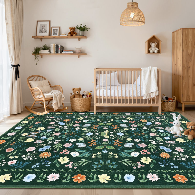 Washable Rugs for Living Room, Floral Animal Print Area Rug with Non Slip Backing, Low Pile & Stain Resistant Botanical Soft Accent Carpet for Dining Room, Under Table, Bedroom, Nursery