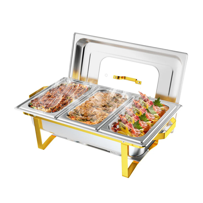 9 QT Chafing Dish Buffet Set with Glass Lid, Folding Frame & 3 1/3 Size Pan