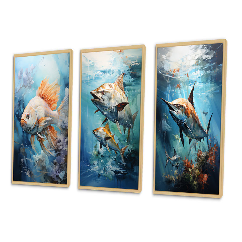 «Fishing Majestic Catch», 3 pièces sur toile, Encadré naturel, H 40 po x l 60 po