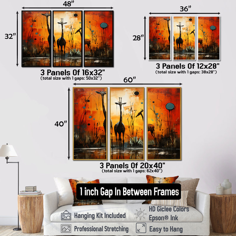 Culleen - Giraffe Animal Wall Art Decor Set, Gold Floater Framed, 28" H x 36" W x 1" D