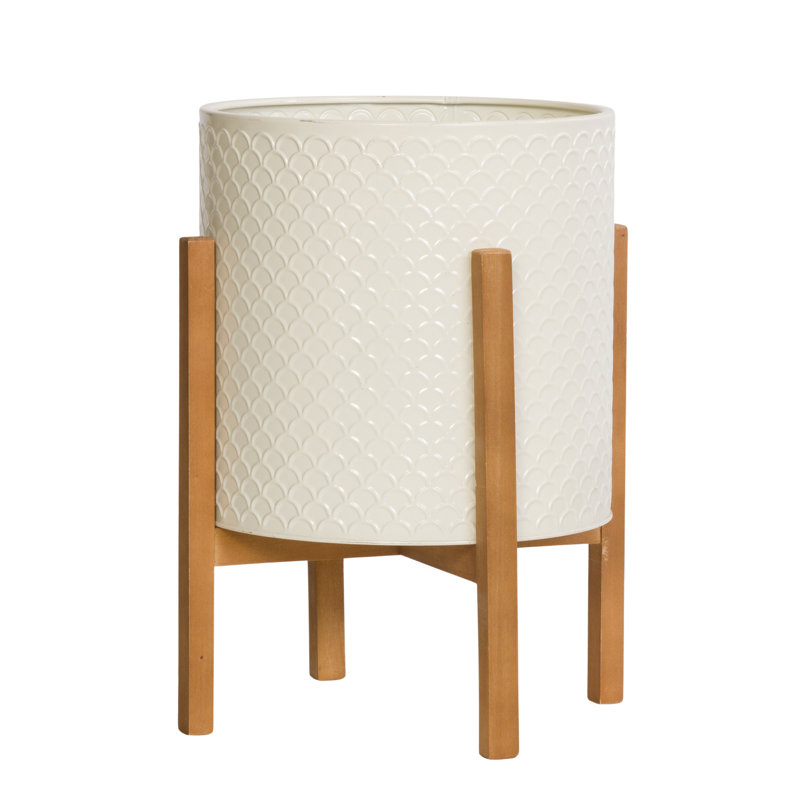 Beige Ceramic Planter with Wooden 4-Leg Base, 18.25" Height