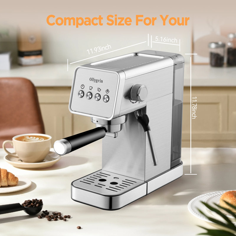 Ollygrin Espresso Machine 20 Bar, Stainless Steel Cappuccino & Latte Machine with Steam Frother for Home, 49oz Water Tank, Silver