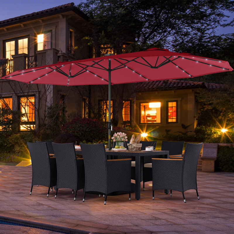 Set Of 11 Patio Dining Set w/ 15ft Double-Sided Patio Umbrella (Base Included) Wine, Beige, Wine
