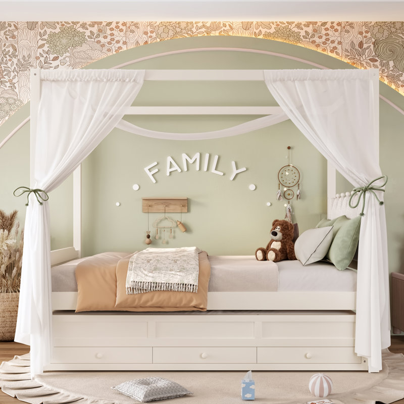 Lit plateforme double avec tête de lit tapissier, lit gigogne simple et 3 tiroirs, cadre de lit à baldaquin princesse pour enfants, rangement et assemblage facile, beige.