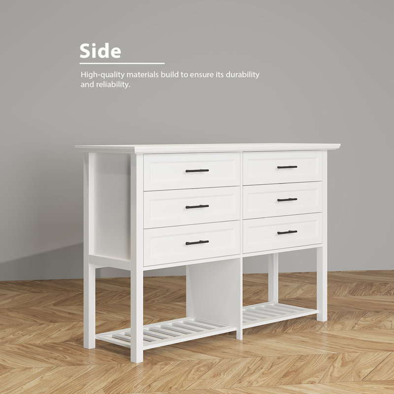 6 Drawers White Wooden Console Table With Open Storage Shelf