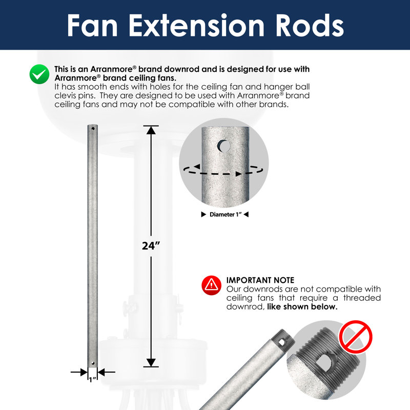 Steel Fandelier Downrod, 24" H x 1" W x 1" D, Galvanized