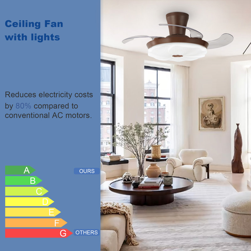 42 inch Flush Mount Retractable Invisible Walnut Ceiling Fan with Light,Remote Control,6-Speed,Reversible Airflow,Dimmable Lighting for Living Room