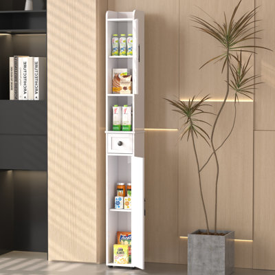 Slim Narrow Storage Cabinet, Space Saving Floor Organizer with Shelves & Doors, Waterproof PVC Corner Storage Unit for Small Spaces
