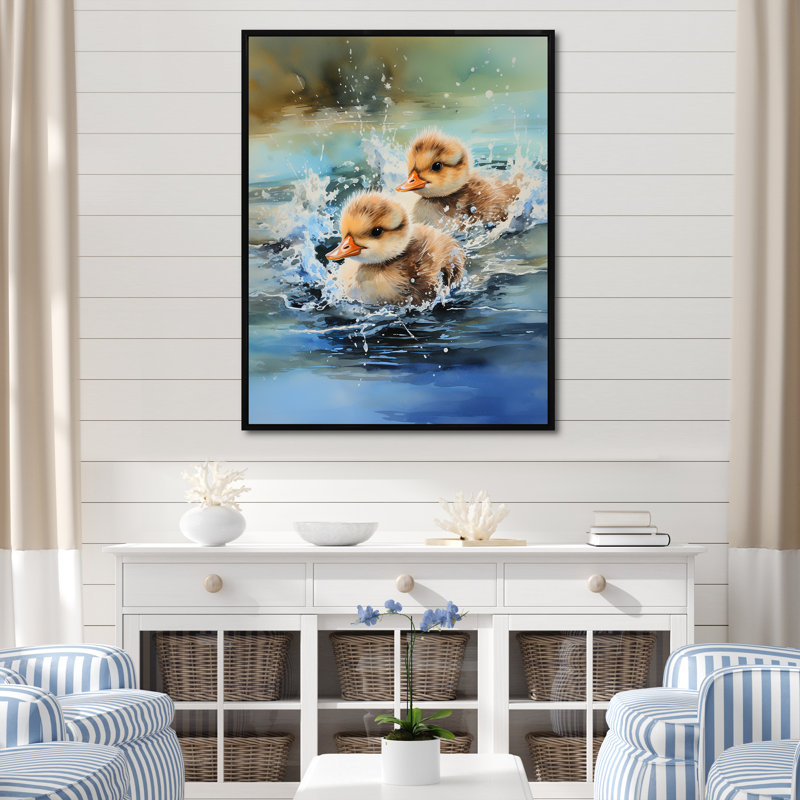 «Playful Paddler Ducklings» - Art mural animal canard, Cadre flottant noir, H 32 po x l 16 po x P 1 po