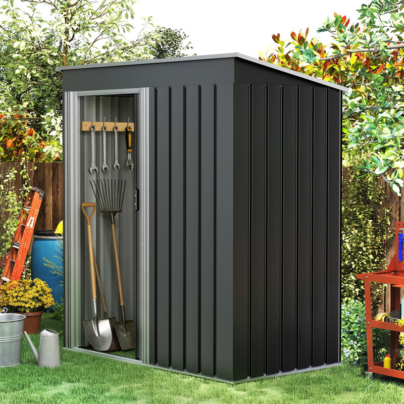 Metal Garden Shed, 164 cm x 89 cm x 181 cm Waterproof & Rust-Resistant Outdoor Storage Shed with Sliding Door and Sloped Roof, Reinforced Galvanized Steel Frame, for Backyard, Patio, or Garage, Black