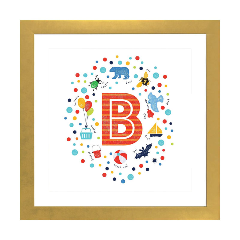 " B ", White, 16" H x 16" W x 1" D, Gold Framed Paper