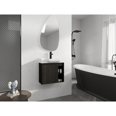 Meuble-lavabo moderne compact avec lavabo en céramique, chêne foncé, conception peu encombrante