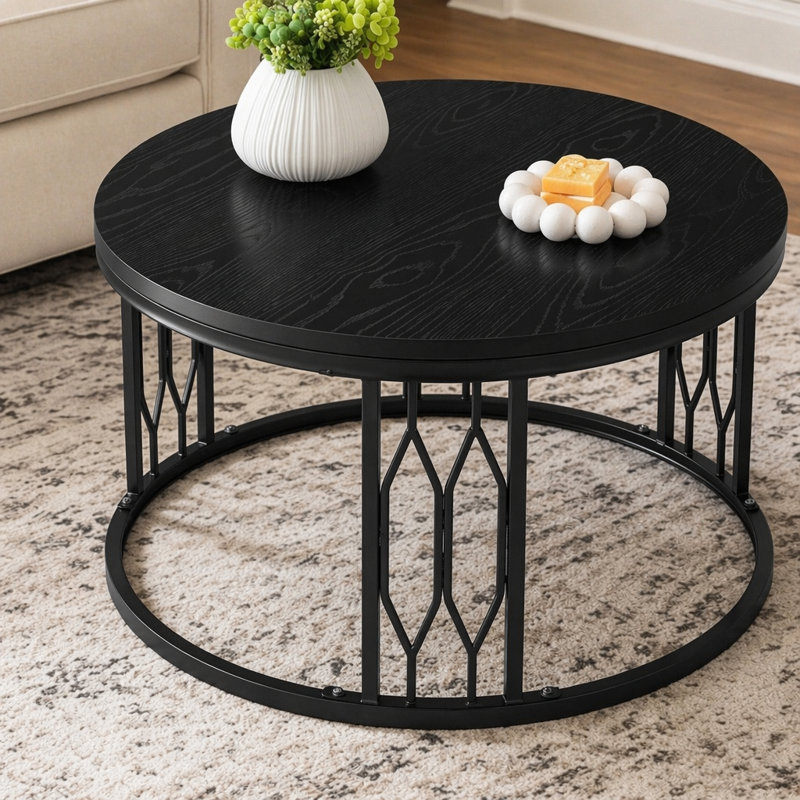 Walnut-Colored Round MDF Coffee Table, 27.5-Inch Diameter. A Round Coffee Table For The Living Room Featuring A Rustic Industrial Design, With Sturdy Metal Frame Legs And Easy Assembly.