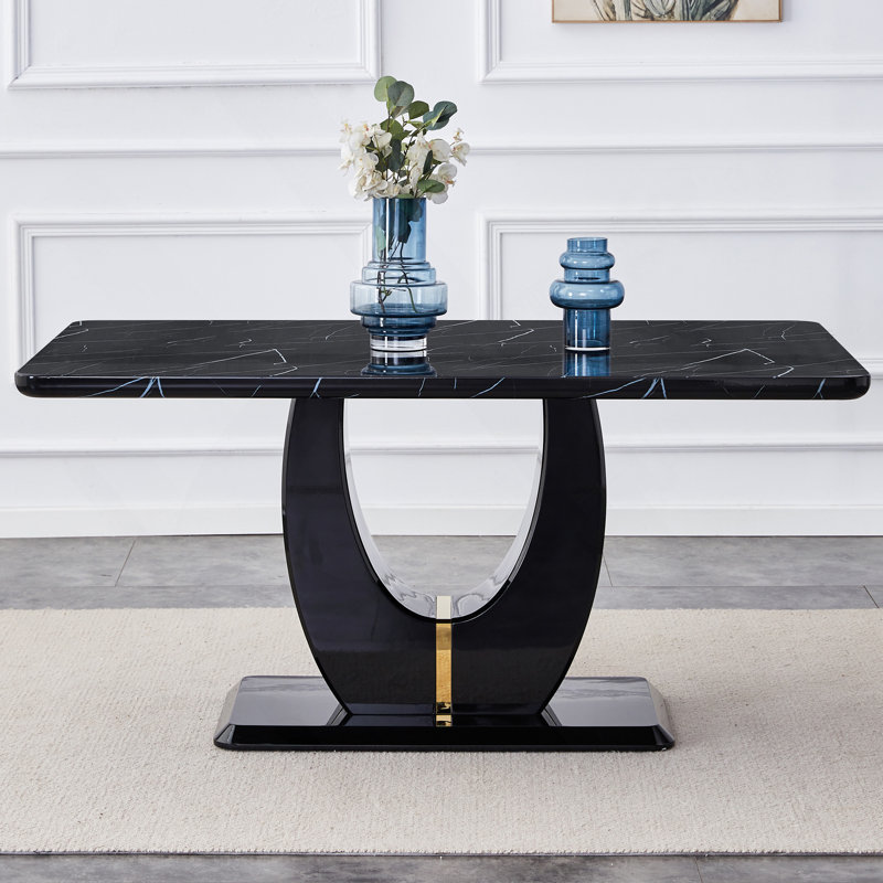 Table de salle à manger moderne, simple et luxueuse en bois aggloméré imitation marbre noir, table de bureau rectangulaire. Table d'ordinateur. Bureau de jeu. Table de salle à manger. Pour la salle à manger, le salon, la cuisine.