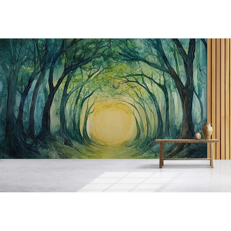 Papier peint vert forêt, art mural enchanté avec arbres verts enchantés, L 165 po x l 120 po, Luxury Canvas Texture