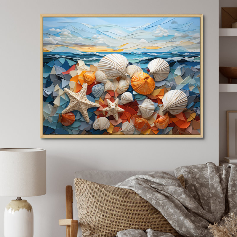 Coquillage sérénité en géométrique I - impression, Cadre naturel flottant, 34" H x 44" W