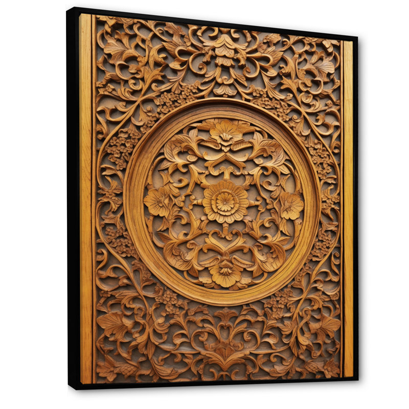 Vieille porte en bois sculpté VII, H 32 po x l 16 po x P 1 po, Cadre flottant noir