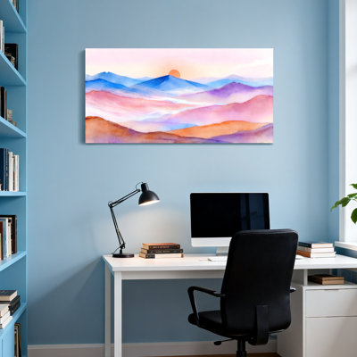 Paysage et paysage de montagne, aquarelle, coucher de soleil, reproduction d'art
