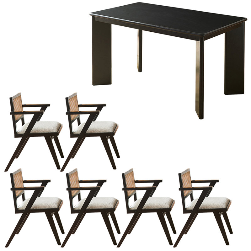 Ensemble de table de salle à manger en bois massif de style nordique noir, H 29,5 po x L 62,9 po x l 31,4 po, 7