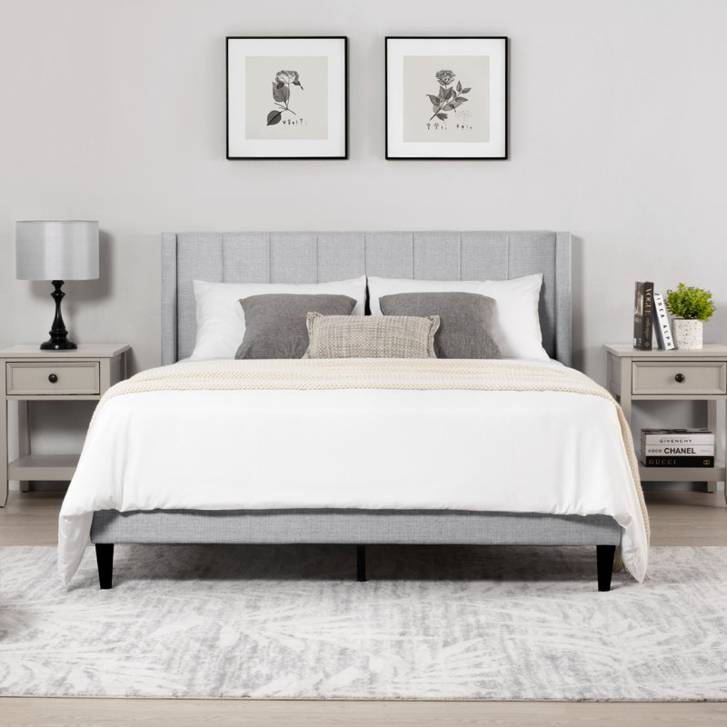 Modern Wingback Bed with Vertical Channel Tufting, Soft Corduroy Upholstery, Solid Wood Platform Frame, Queen, Grey