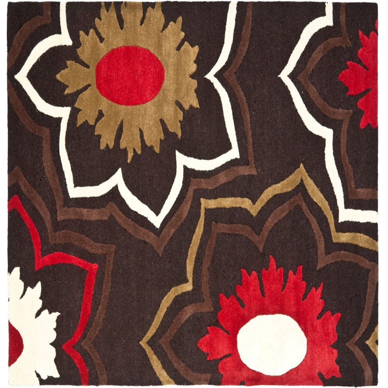 Candelo Hand Tufted Wool/Viscose Floral Rug in Red/Brown, Square 6'