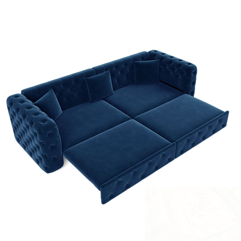 Très grand lit multifonctionnel Reiby avec design capitonné et 3 coussins décoratifs, Bleu
