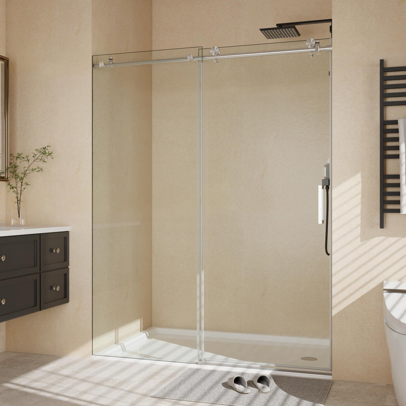 Frameless Sliding Glass Shower Door – 44–48" W x 76" H – 8mm Tempered Glass – Brushed Stainless Steel Round Rail – Explosion-Proof Film, Easy-Clean, Seal Strip – Modern Bathroom Sliding Door