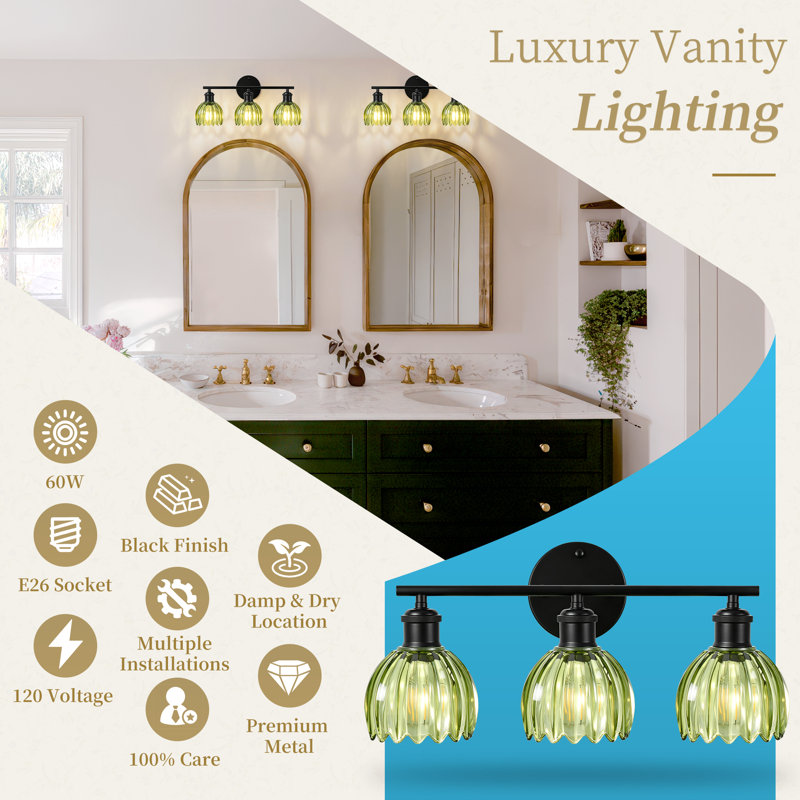 3-Light Vanity Light With Green Tulip Glass Shades, Modern Bathroom Wall Lighting For Bedroom, Kitchen, Living Room, 3 Lights