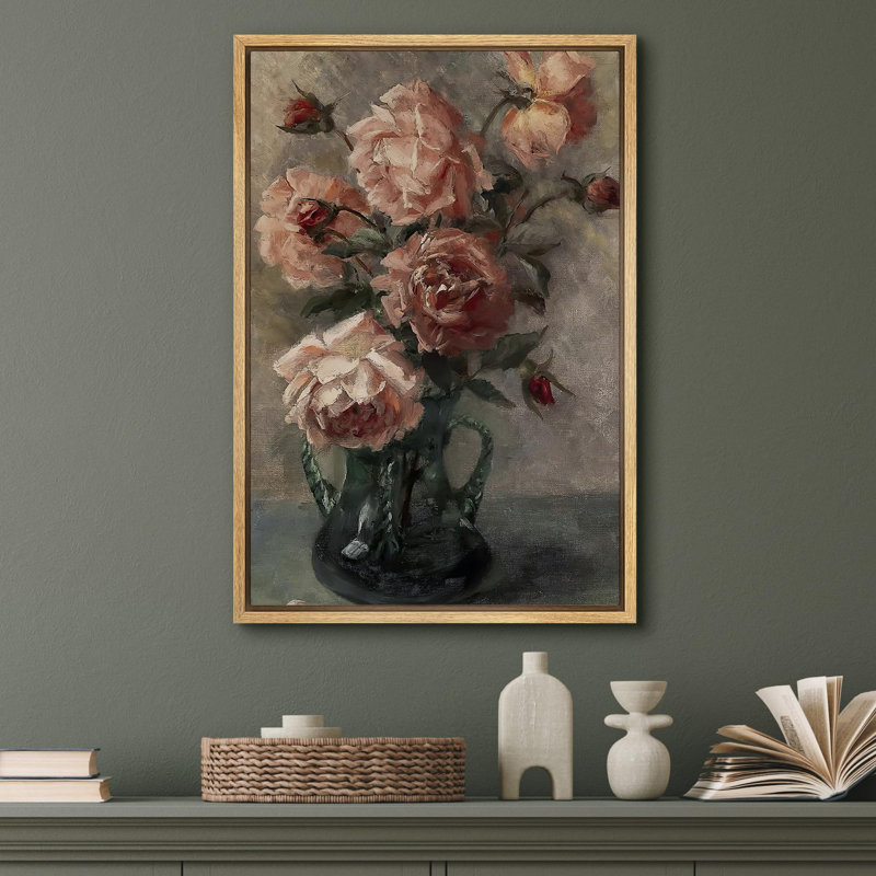 Roses en fleurs dans un vase en verre, illustrations champêtre rustique, H 24 po x l 16 po, Naturel