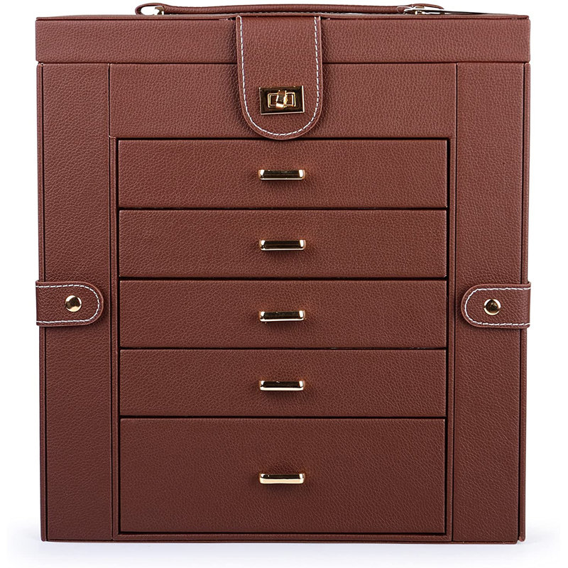 Boîte à bijoux en simili cuir 14,2 po H avec miroir intégré , Brun
