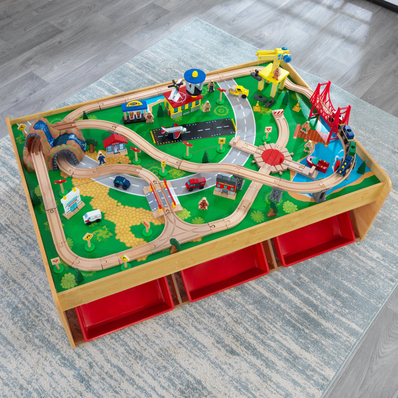 Ensemble de train et table en bois Waterfall Mountain avec 120 pièces, 3 bacs de rangement