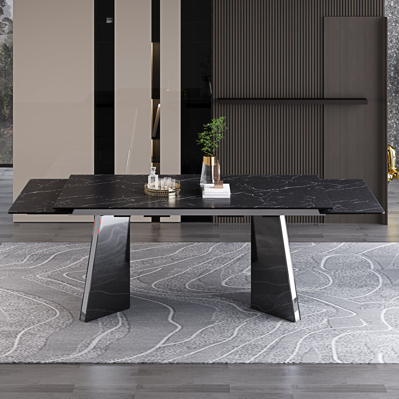 Table de salle à manger extensible de 63 à 94,5 po Glam Modern avec plateau en pierre frittée et base en acier