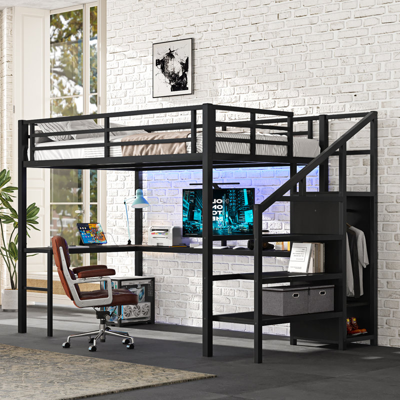Full Size Loft Bed With L-Shaped Desk And USB, Metal Loft Bed With Wardrobe And Adjustable Shelf, High Loft Bed With LED For Kids Teens Adults, Black