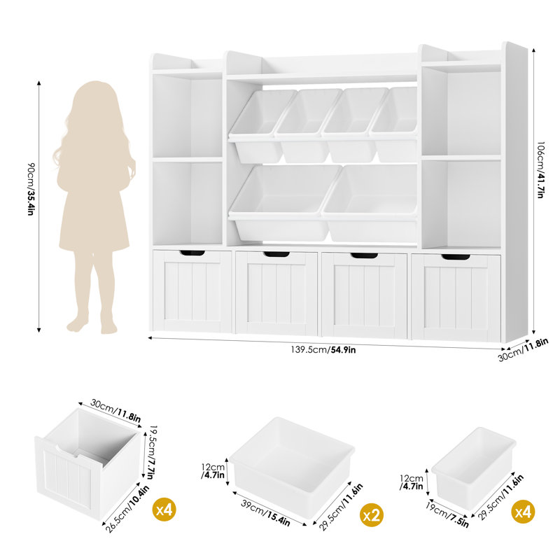 55.1"W Kids Bookcase with 4 Removable Drawers, Cube Organizer, White, White