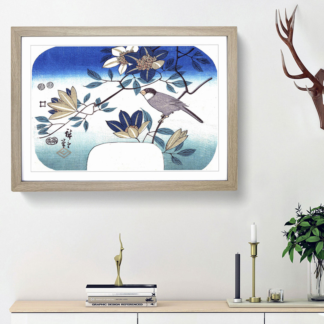 Bird and Clematis Flowers by Utagawa Hiroshige - Framed Print