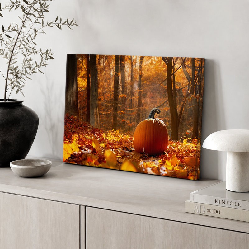 «Autumn Fall», citrouille de l'Action de grâce dans la forêt orange, paysage naturel, impression sur toile encadrée