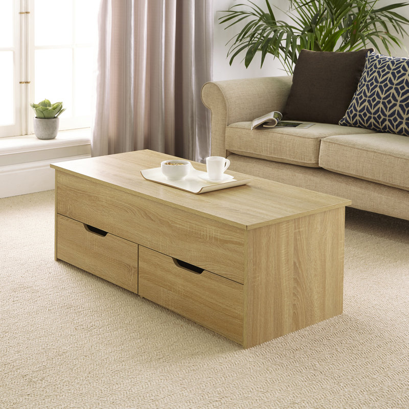 Teremba Lift Top Block Coffee Table with 2 Drawer Storage, Oak